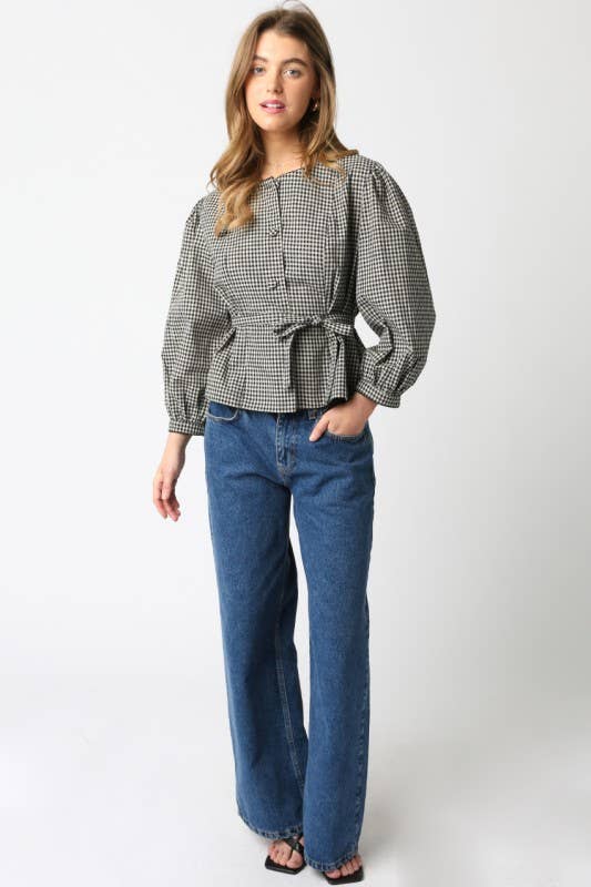 Checkered Button Front Tie Waist Top