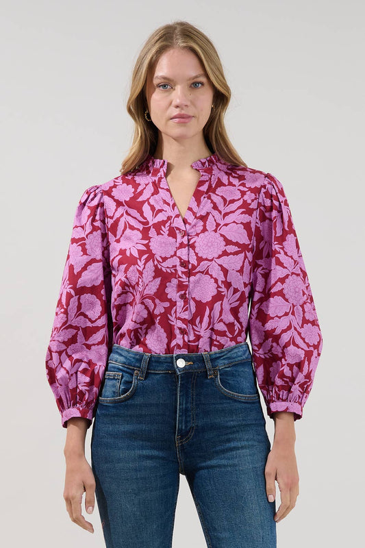 Balloon Sleeves Ruffle Neck Floral Top
