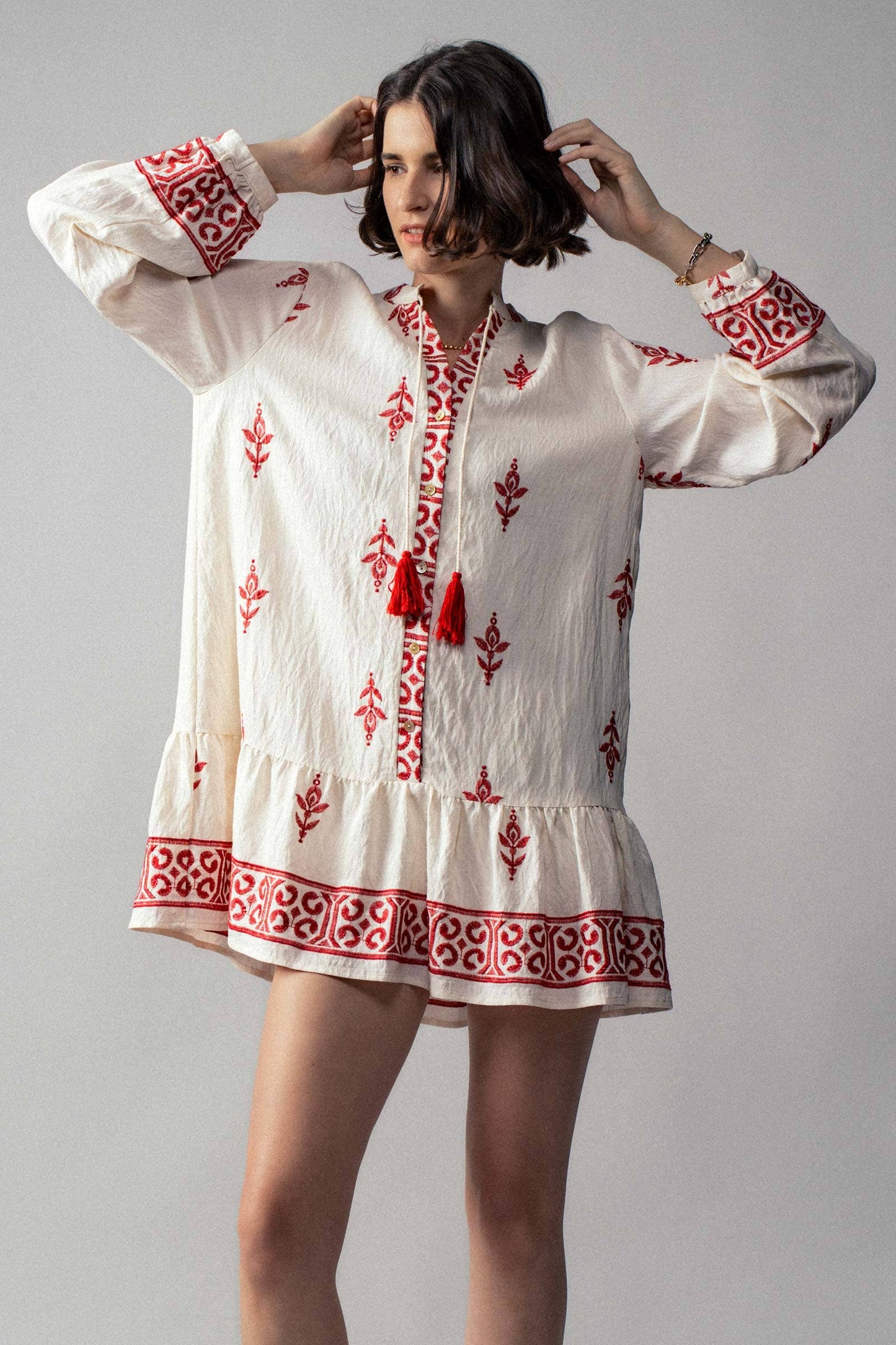 Western-Inspired Embroidered Peasant Tunic Dress