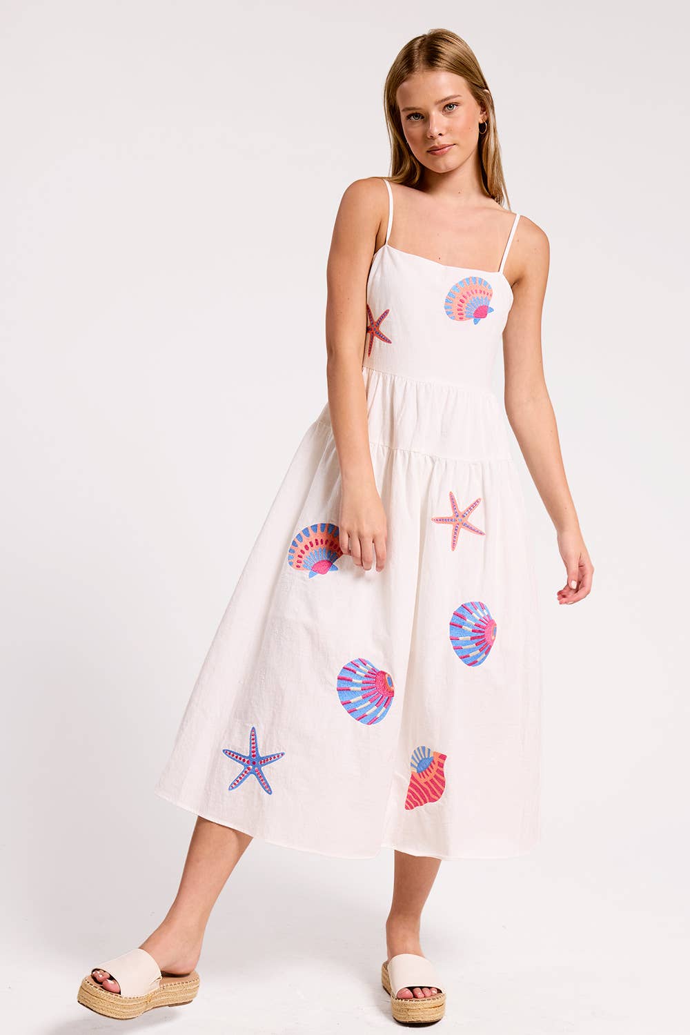 Marine Shell Embroidered Midi Dress