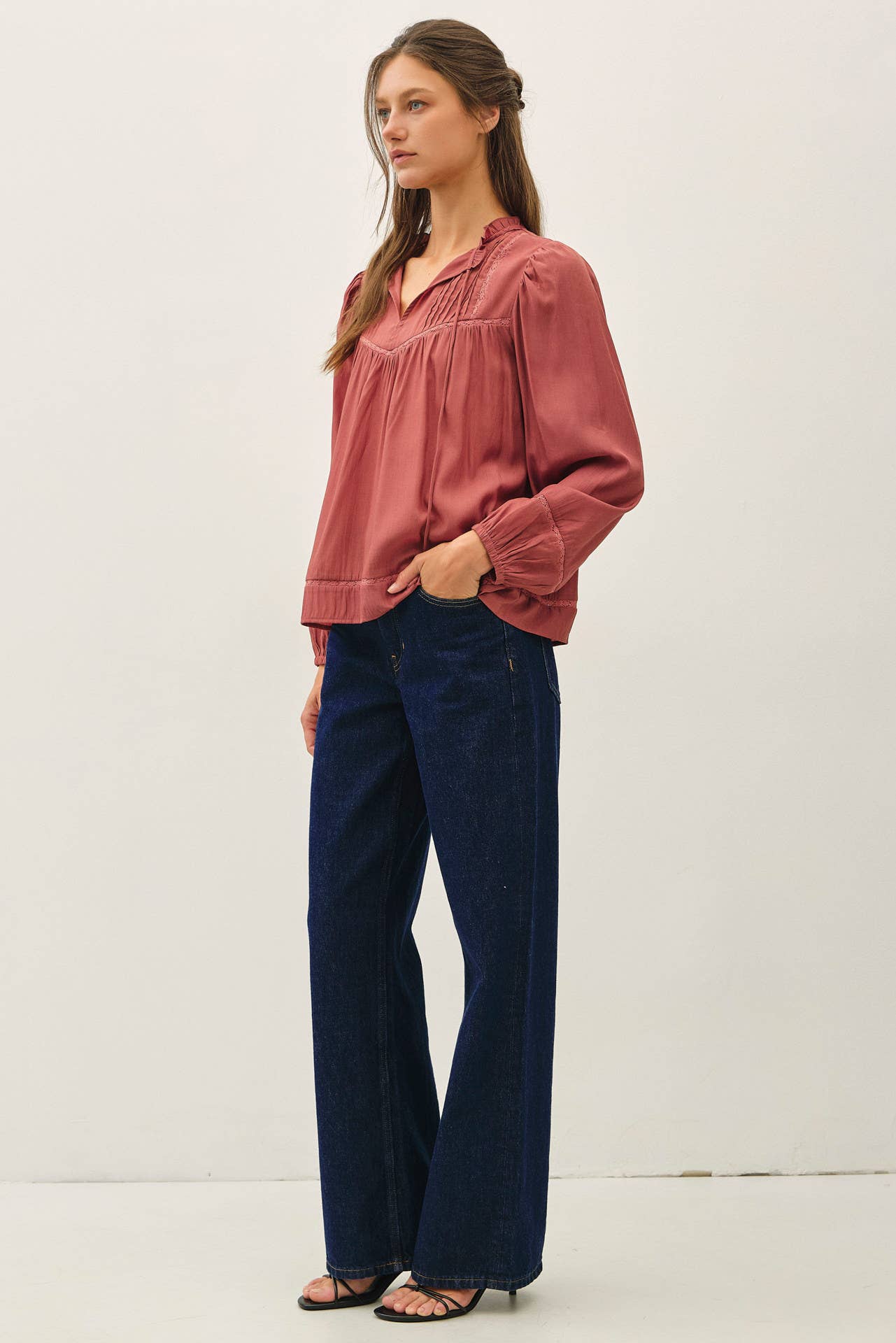 Ruffled V-Neck Silky Peasant Top