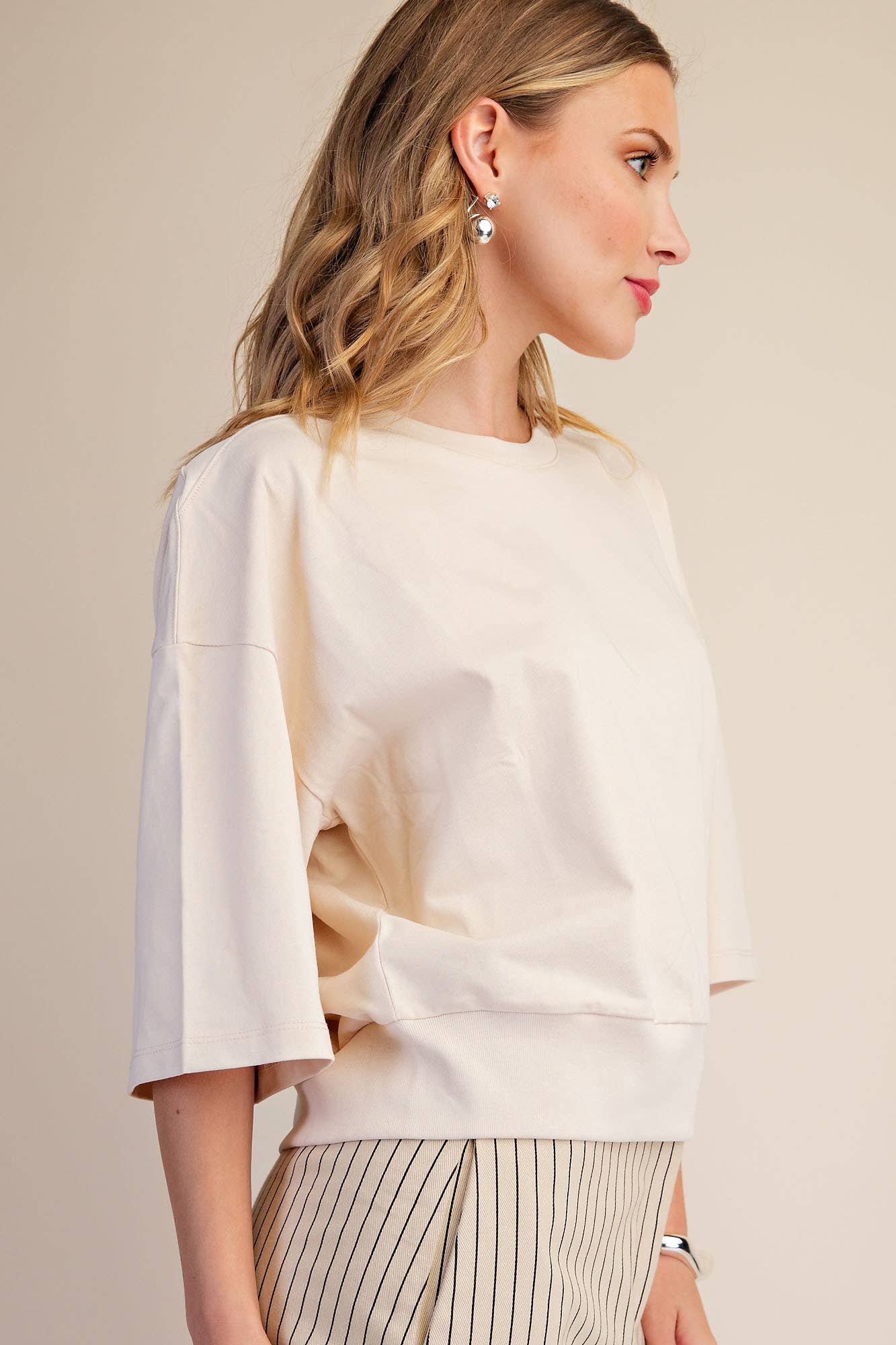 Round Neck Rib Band Pullover Cotton Top