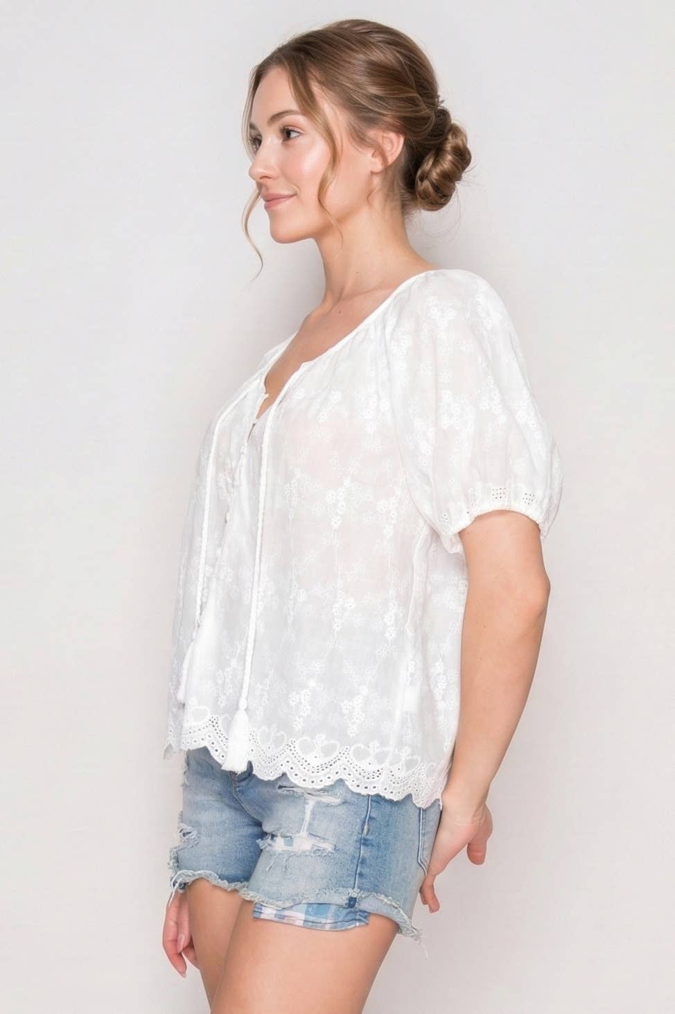 Eyelet Scallop Trim Boho Top