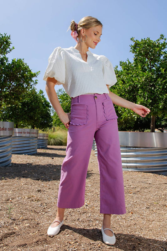 Cropped Wide-Leg Scallop Pocket Detail Pants