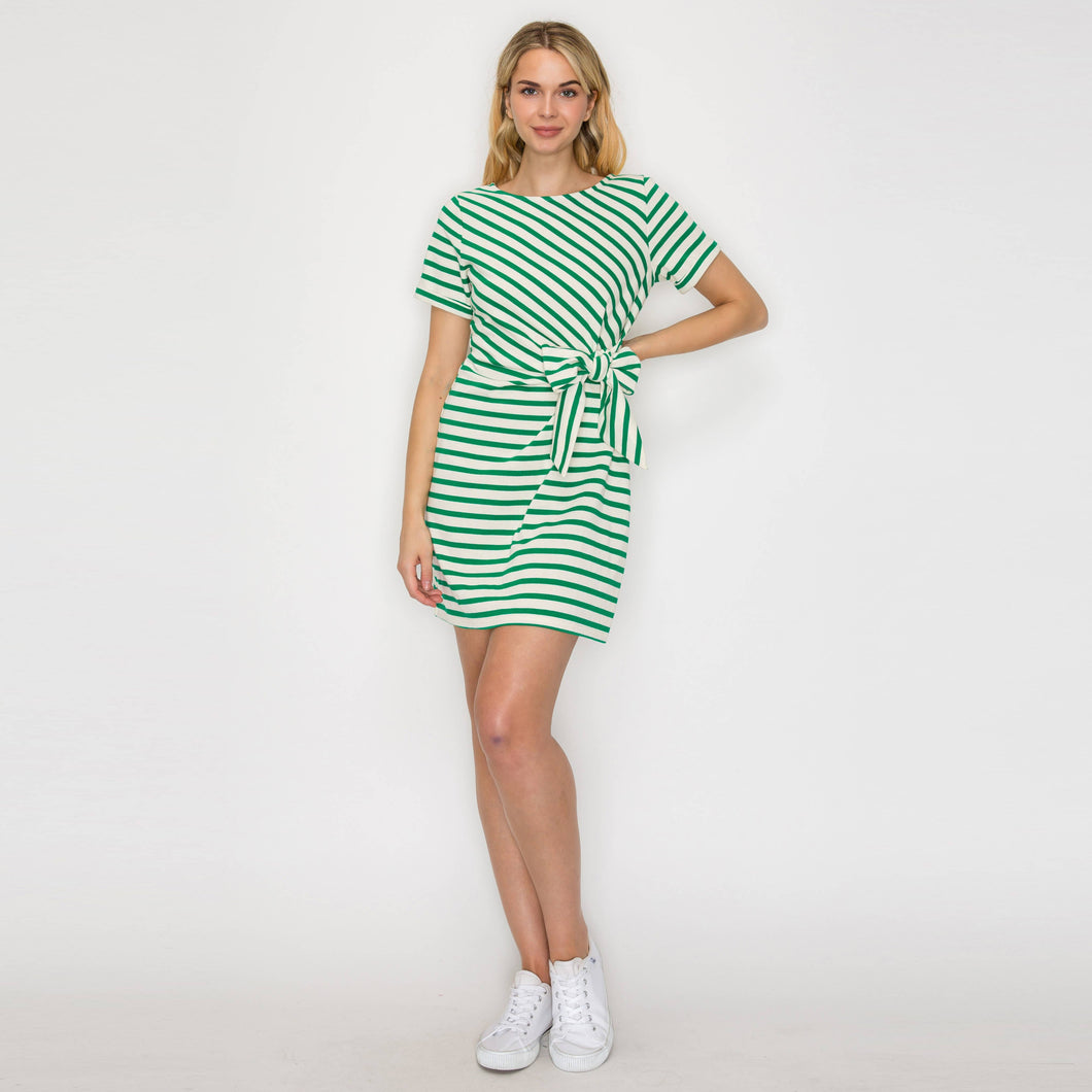 Green Striped Knit Mini Dress with Front Tie 