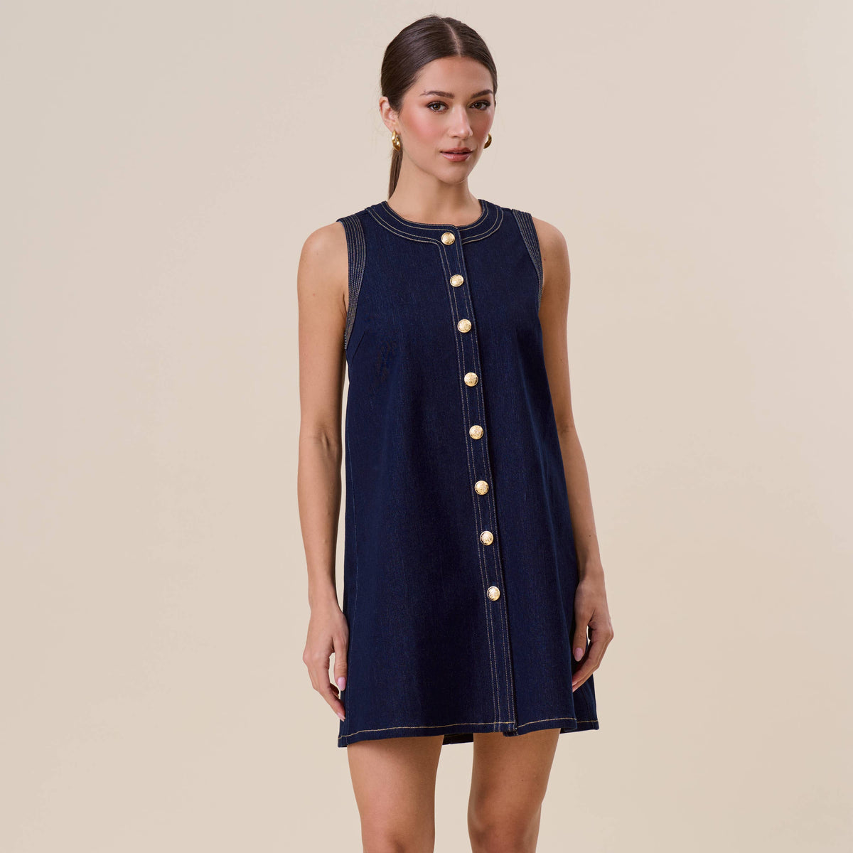 Button Stretch Denim Mini Dress