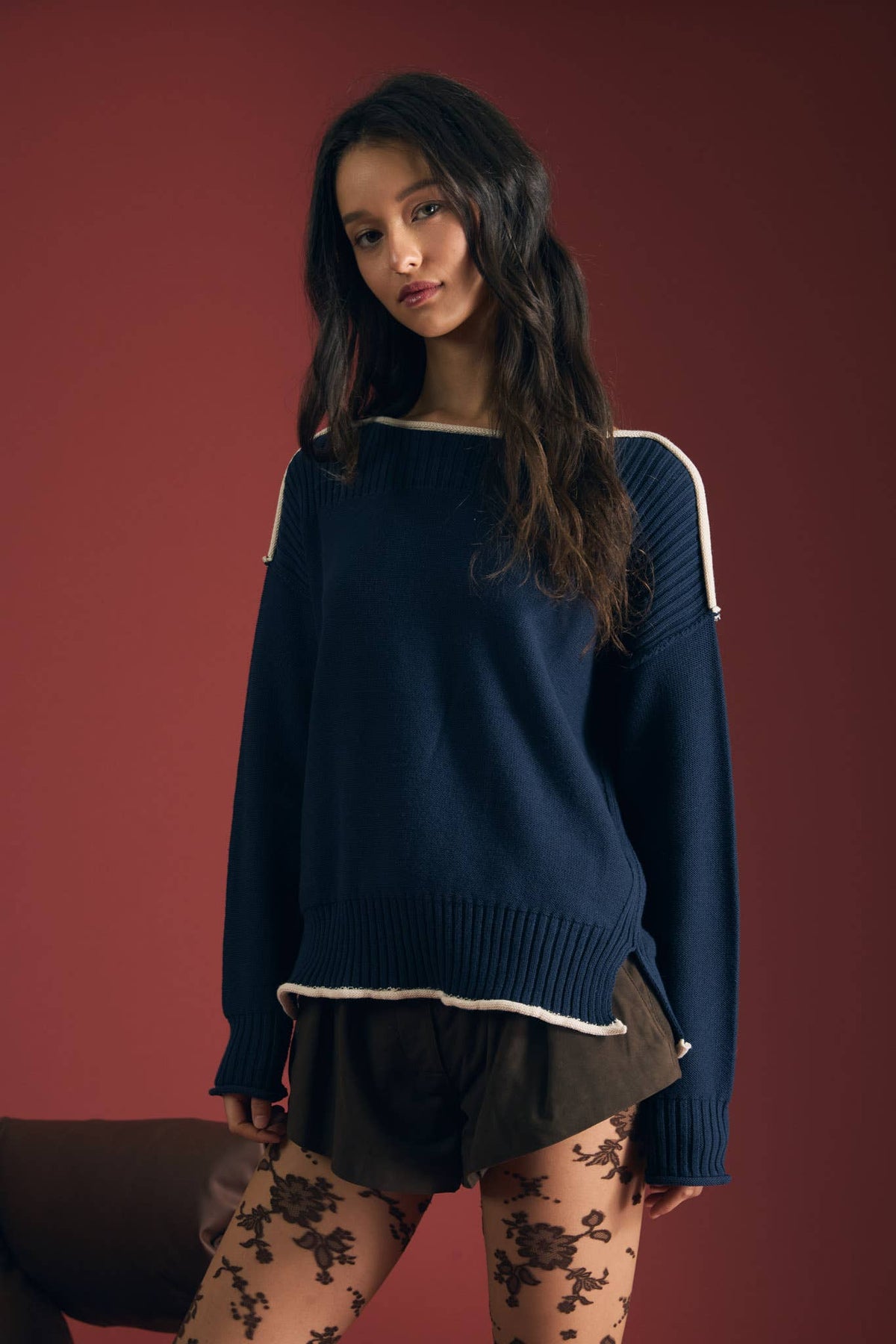 Ribbed Boat Neck Contrast Trim Sweater