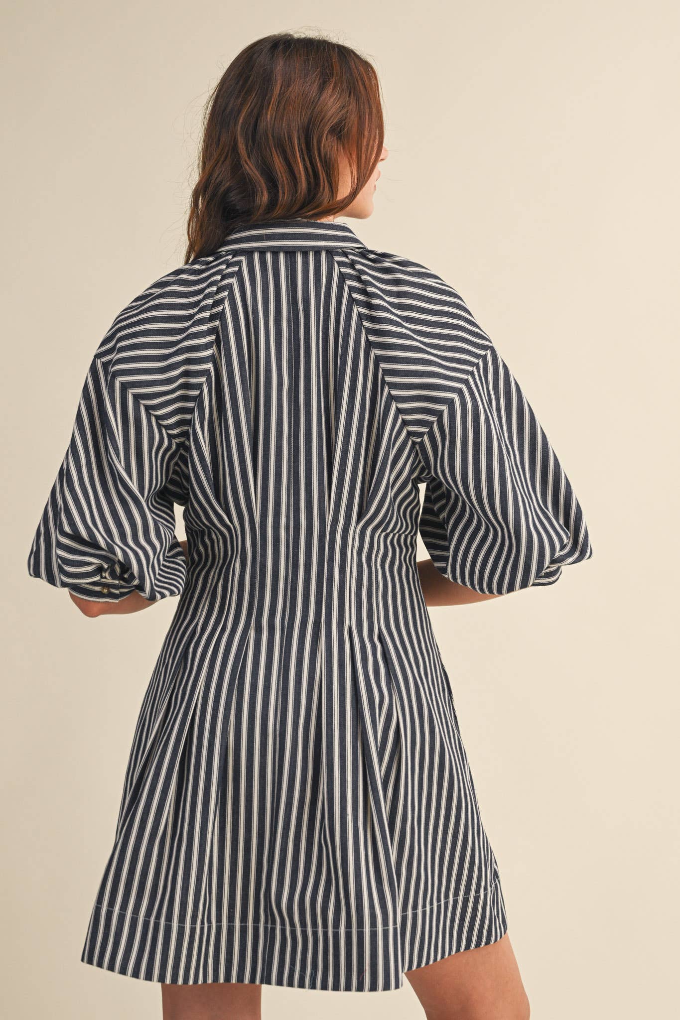 Rental- Striped Denim Bubble Sleeve Mini Dress