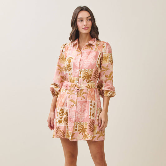 Tropical Belted Mini Shirt Dress