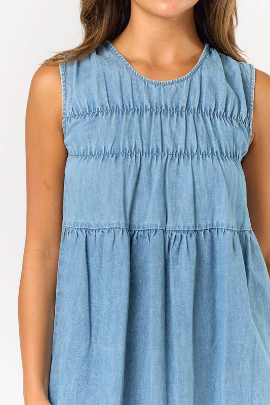 Sleeveless Ruched Denim Mini Dress