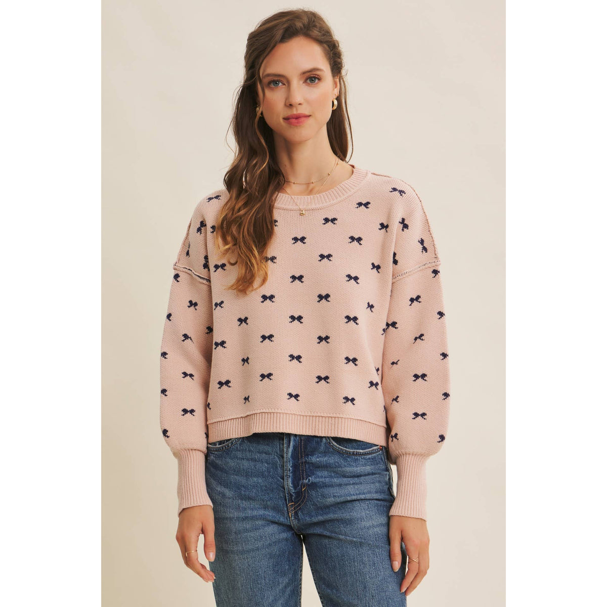Bow Pattern Balloon Sleeve Sweater