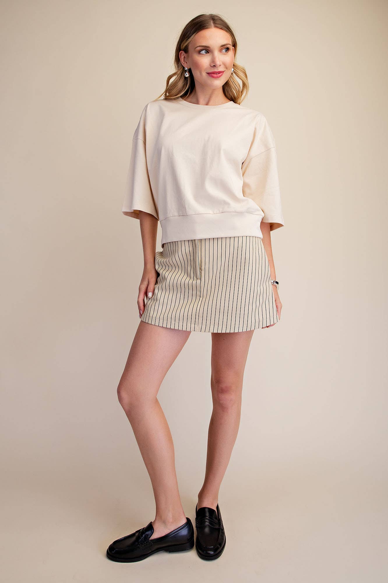 Round Neck Rib Band Pullover Cotton Top