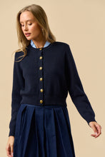 Load image into Gallery viewer, Gold Button Ruffle Neck Cardigan Sweater
