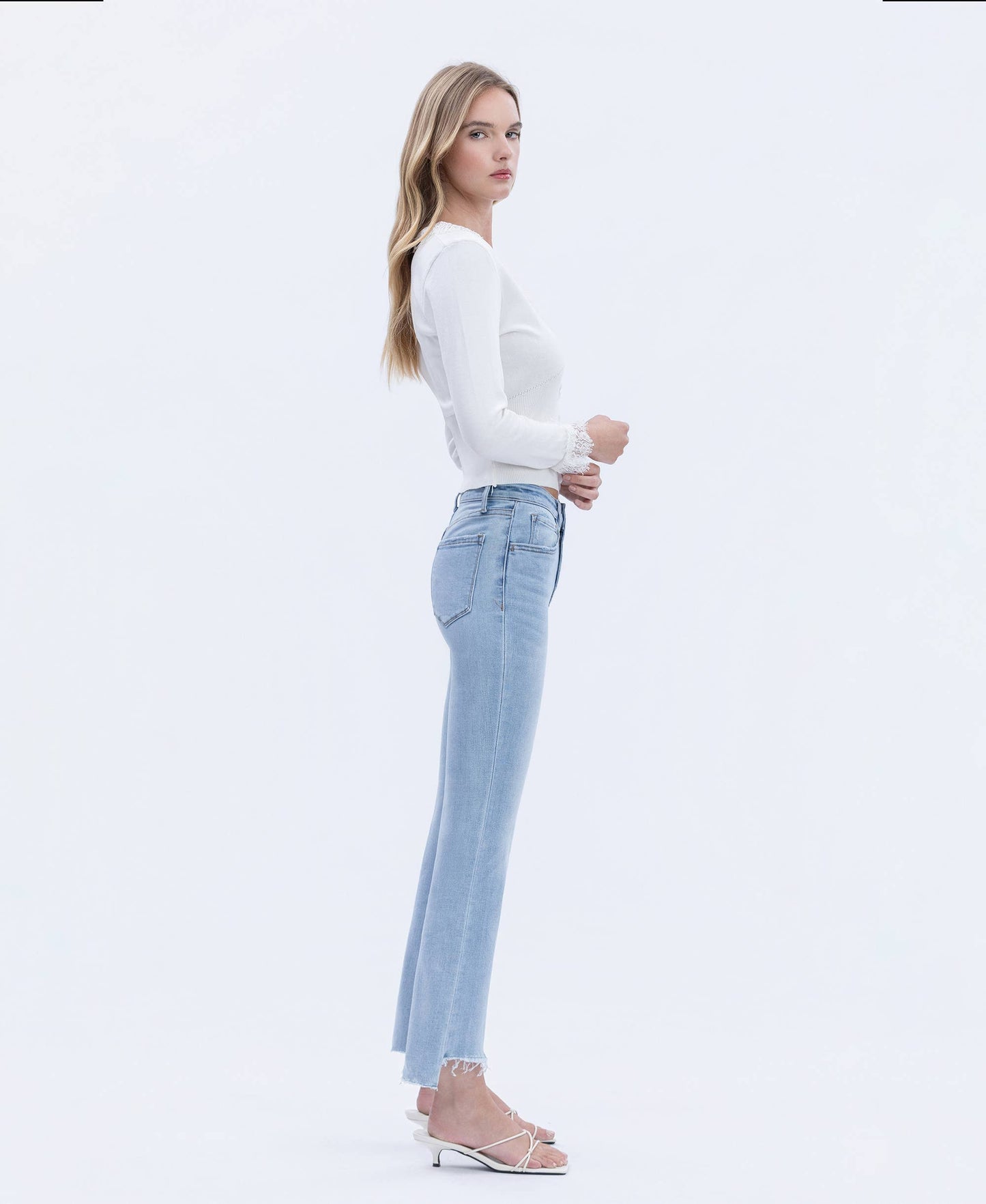 High Rise Raw Step Hem Crop Flare Jeans