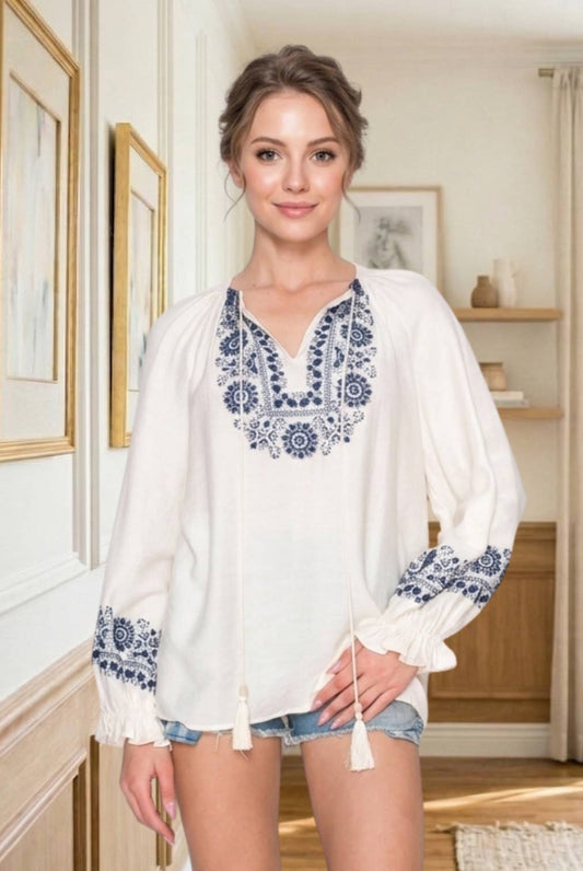 Puff Sleeve Embroidered Peasant Top