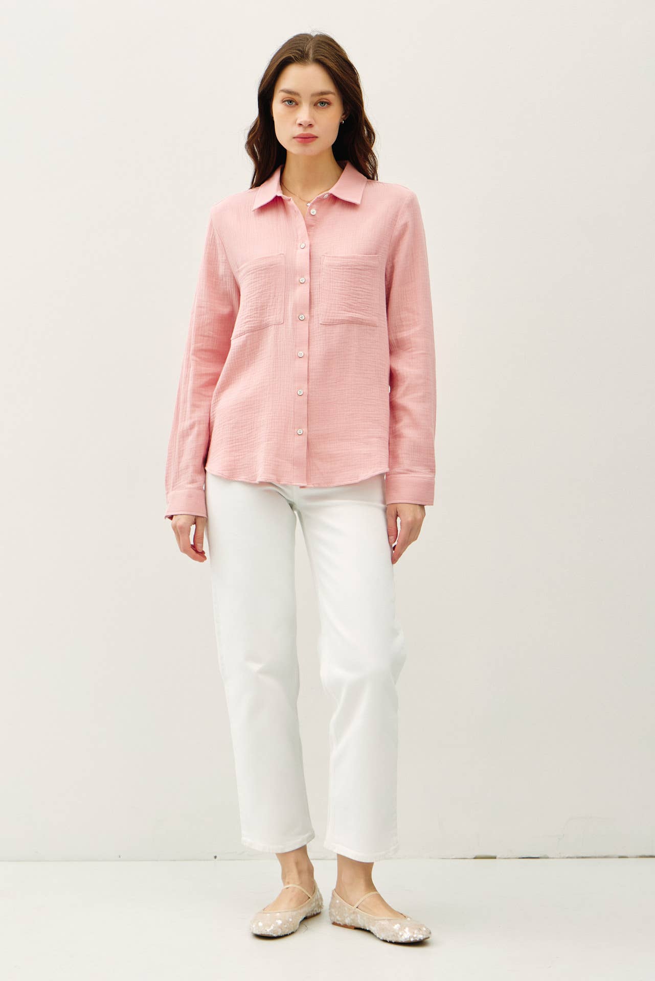 Cotton Gauze Long Sleeve Button Up Shirt