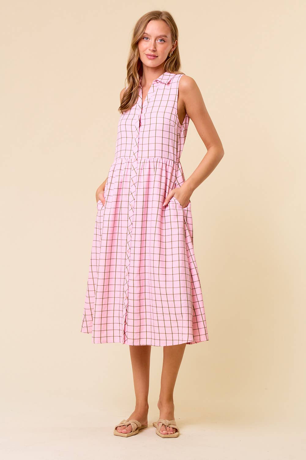 Windowpane Plaid Midi Shirt Dress