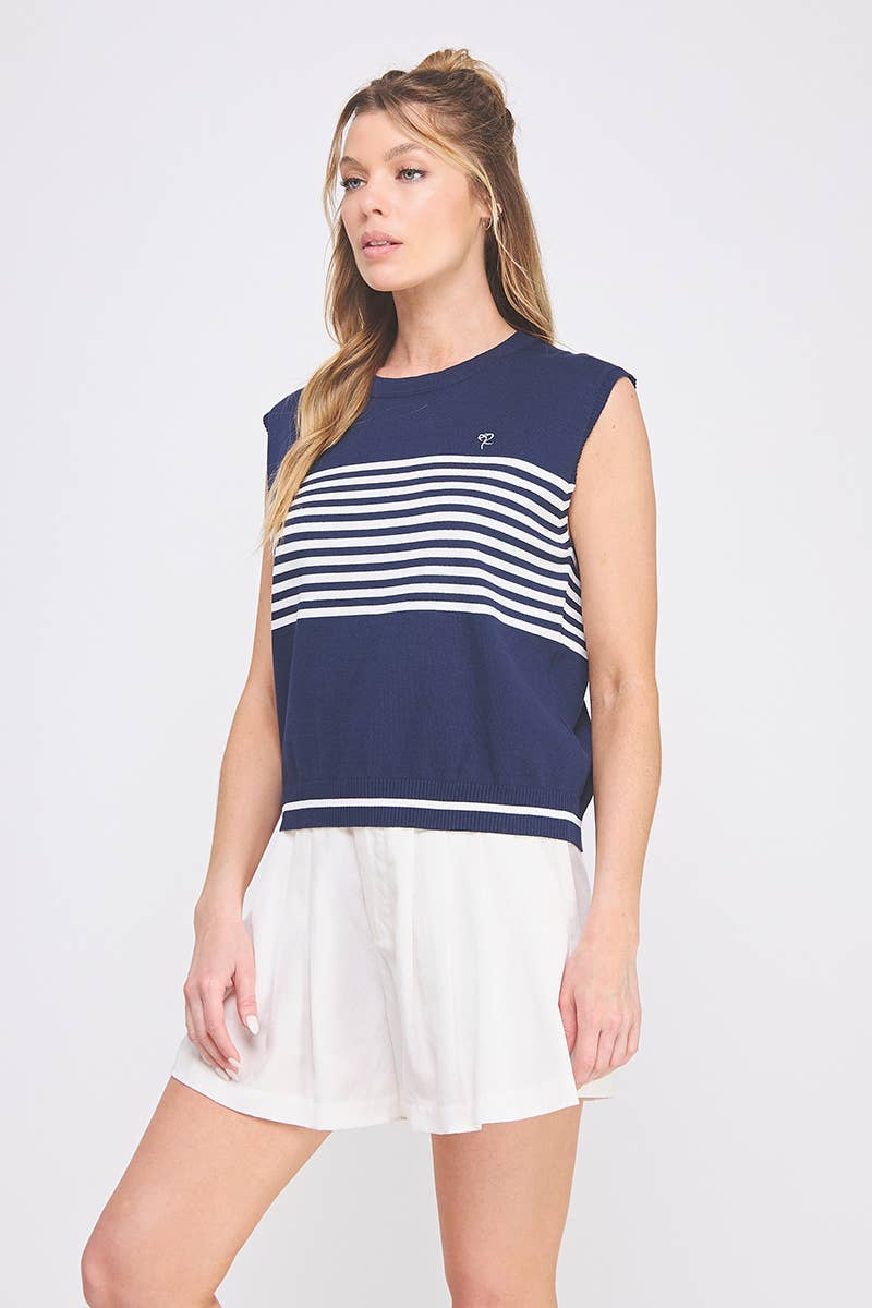 Light Knit Striped Crewneck Sleeveless Top