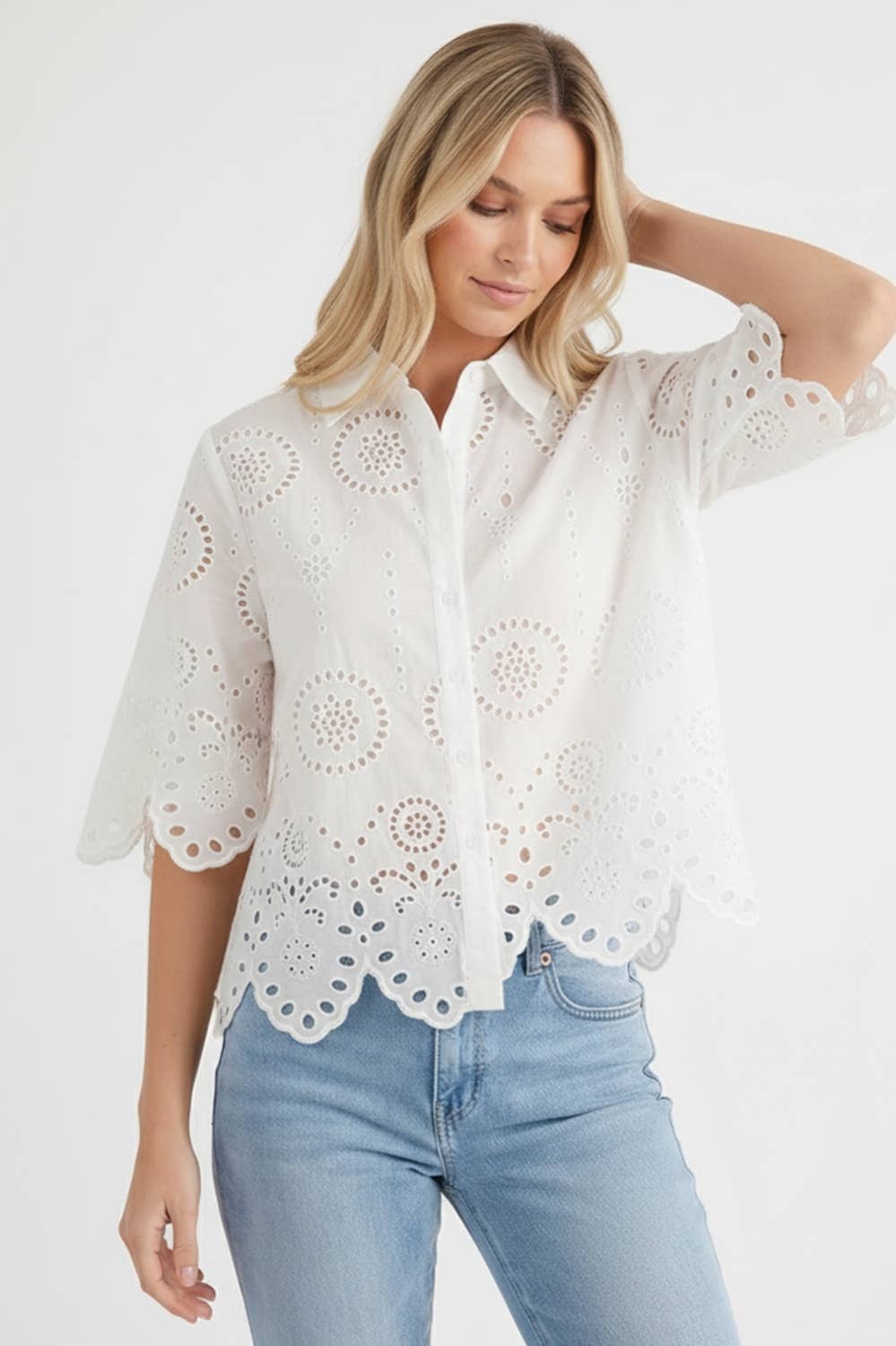 Eyelet Scalloped Hem Short Sleeve Top