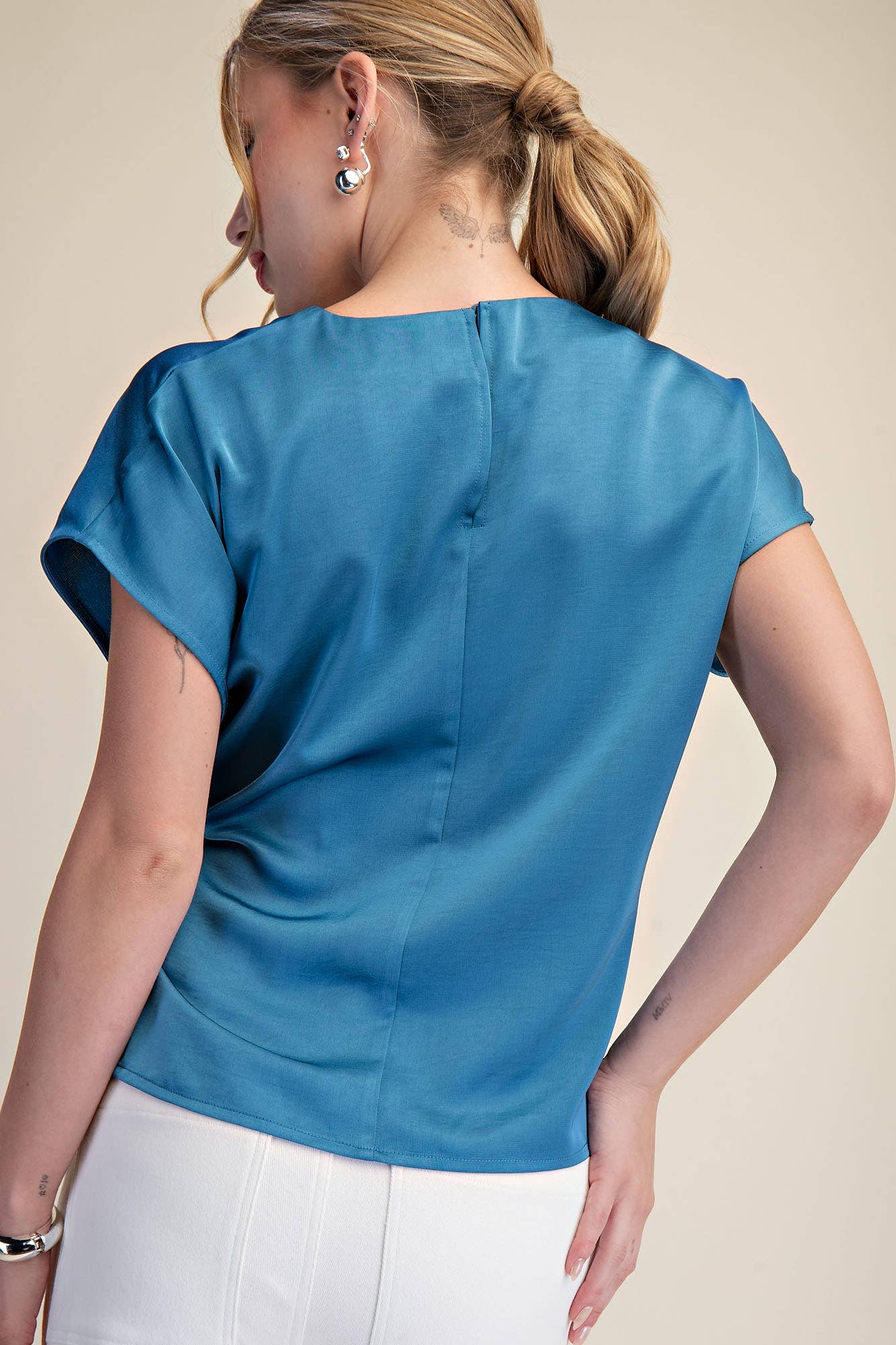 Silky Short Sleeve Front Lace-Up Tie Top