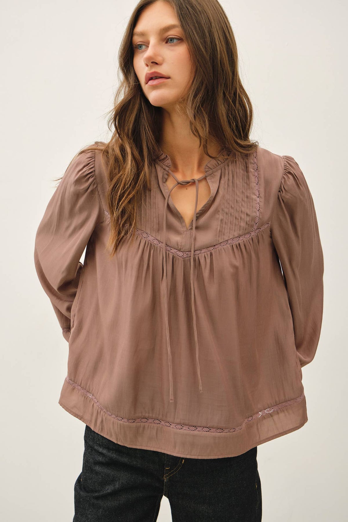 Ruffled V-Neck Silky Peasant Top