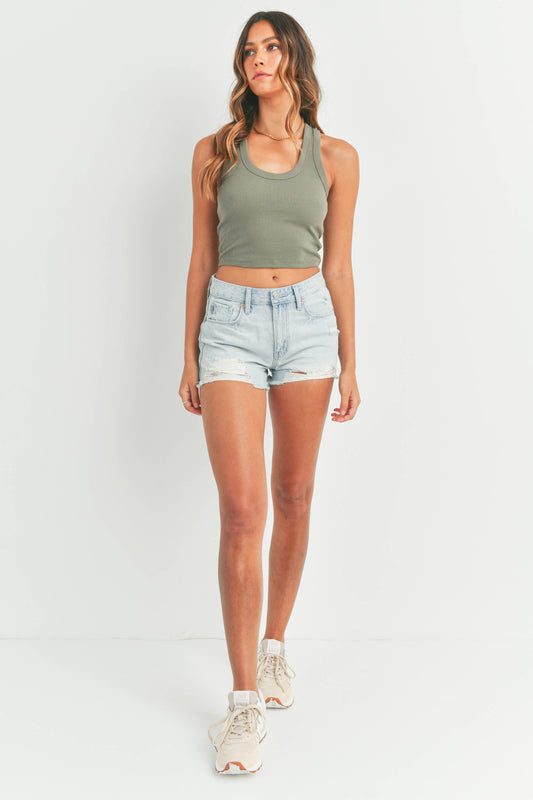 High Rise Destroyed Denim Shorts