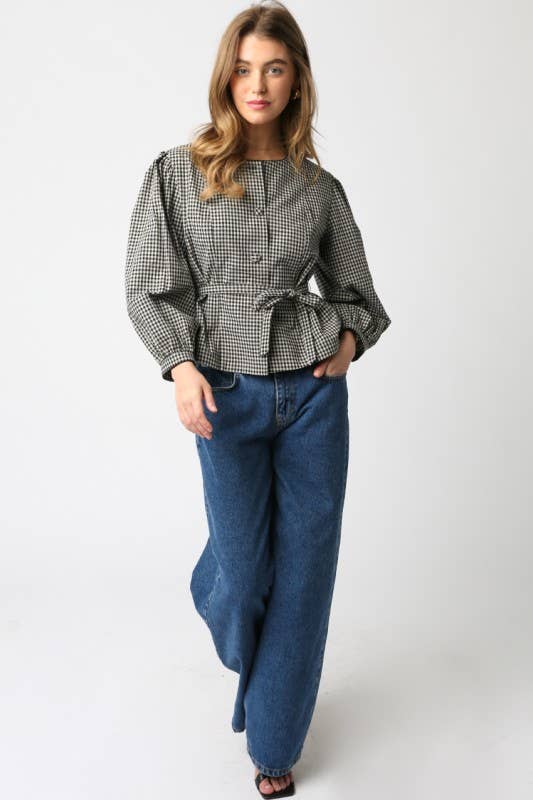 Checkered Button Front Tie Waist Top