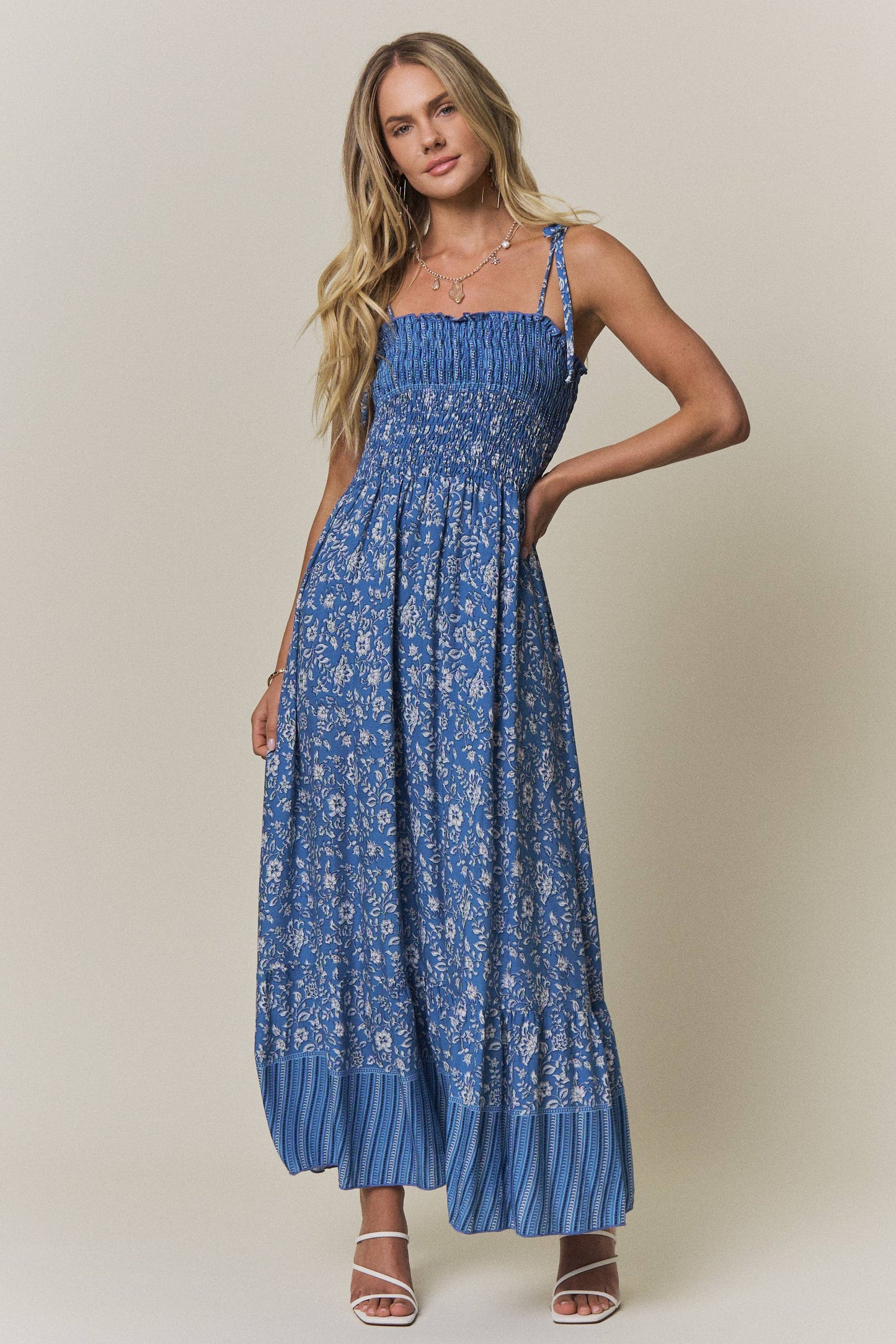 Smocked Tie Strap Floral Maxi Dress