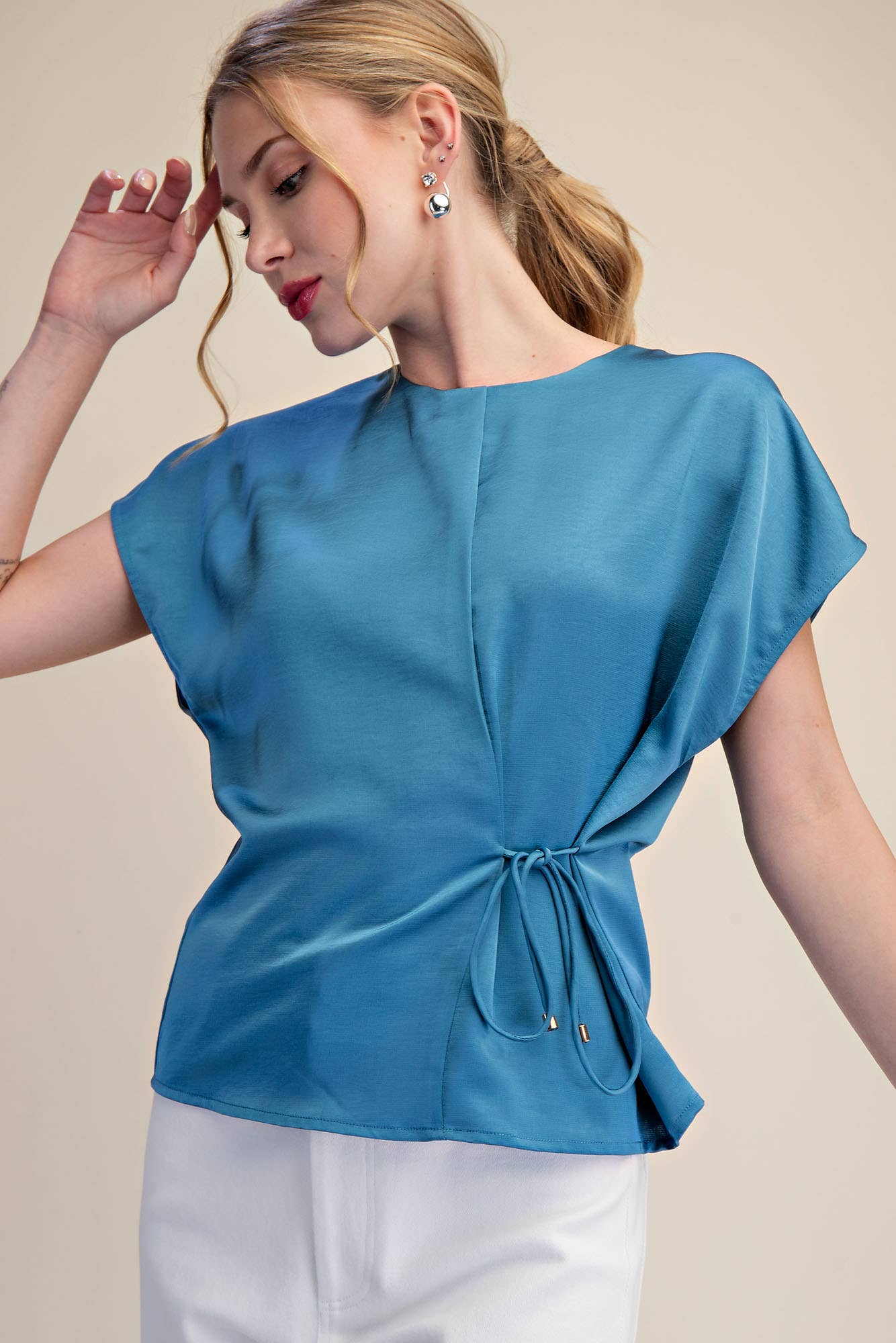 Silky Short Sleeve Front Lace-Up Tie Top
