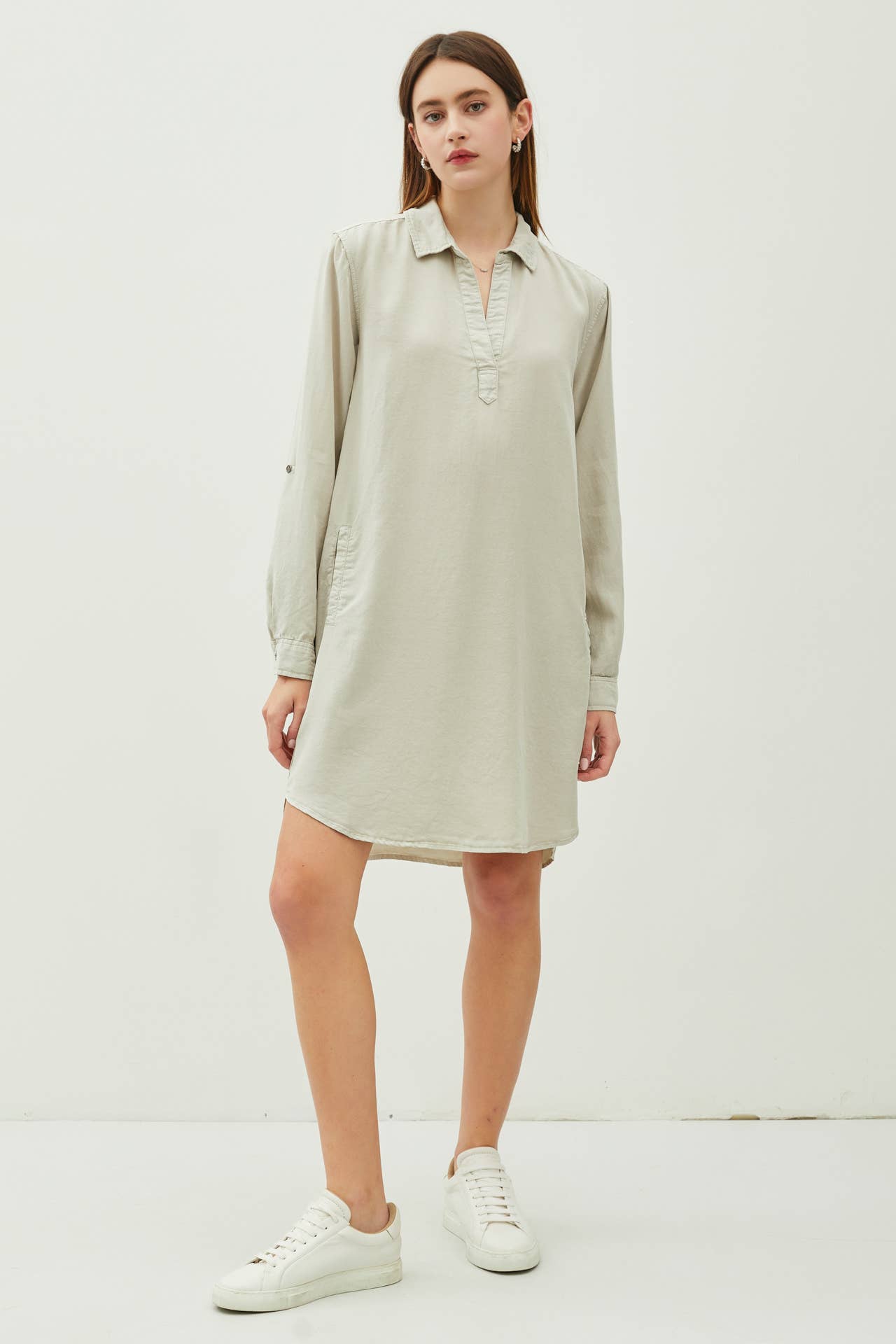 Collared Rolled Sleeve Tencel Dress