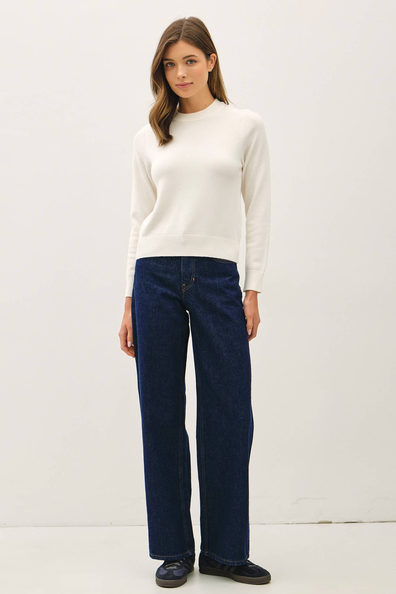 Ribbed Neck Cropped Length Sweater