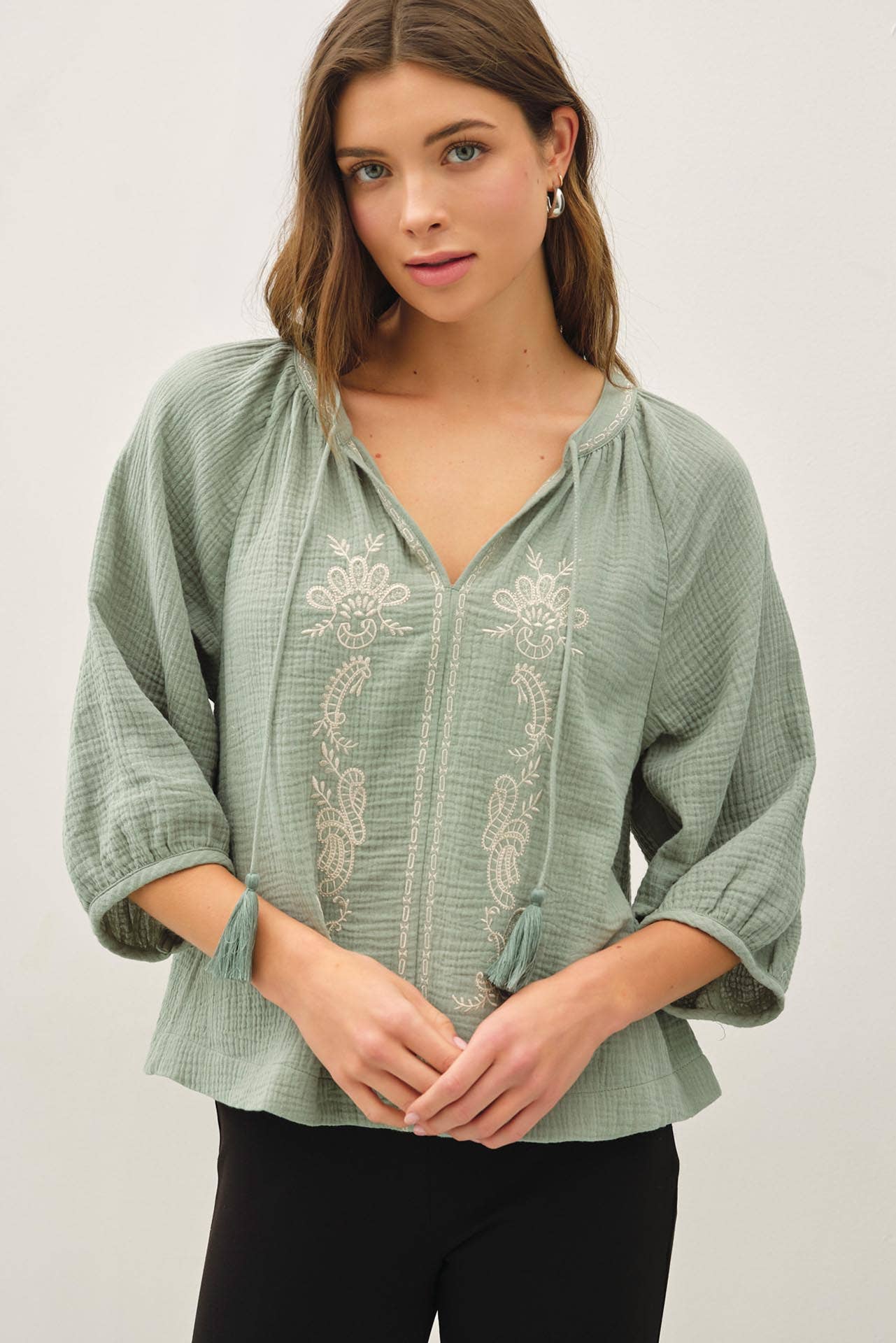 Embroidered Gauzy Peasant Top