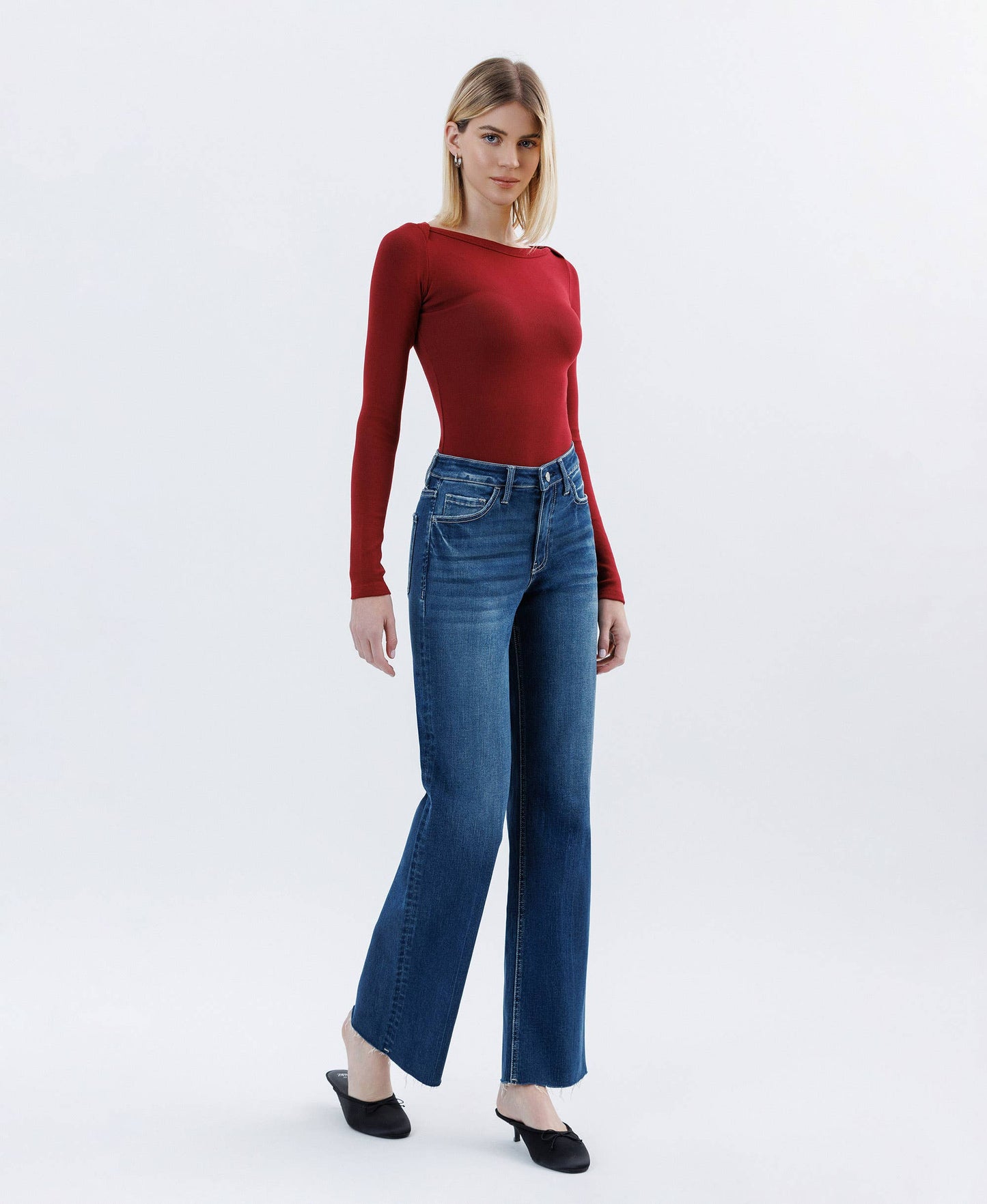 High Rise Raw Hem Slim Wide Jeans