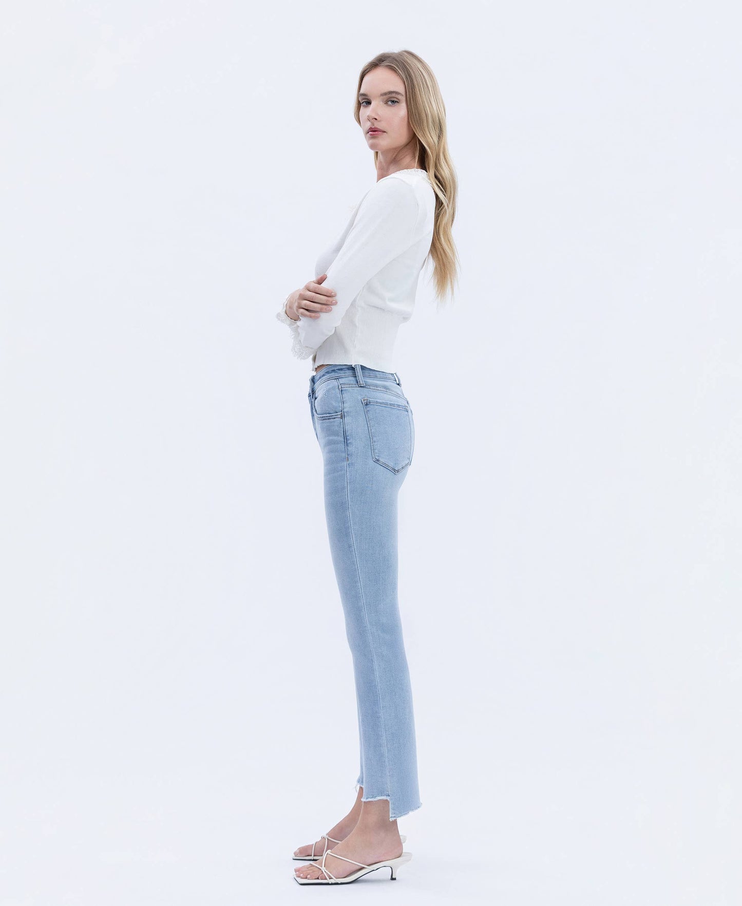 High Rise Raw Step Hem Crop Flare Jeans