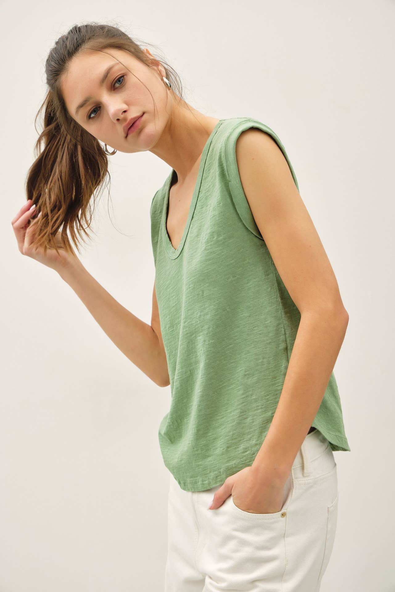 Scoop Neck Folded Sleeve Slub Knit Top