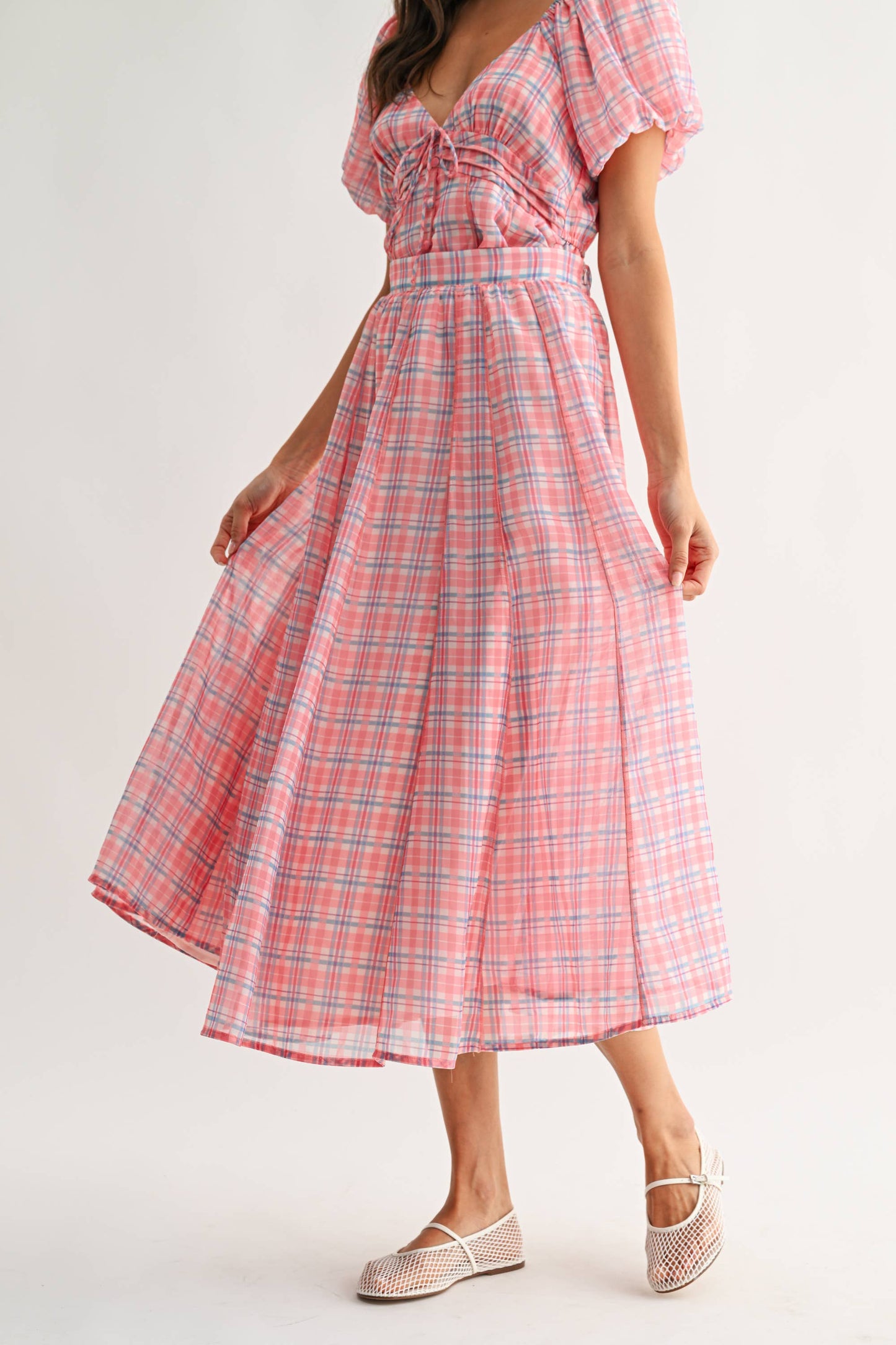 Pink Plaid Midi Skirt