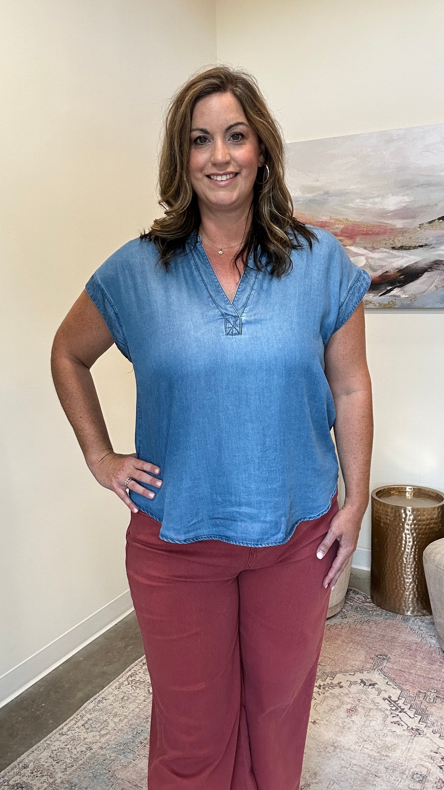 Split Neck Chambray Top