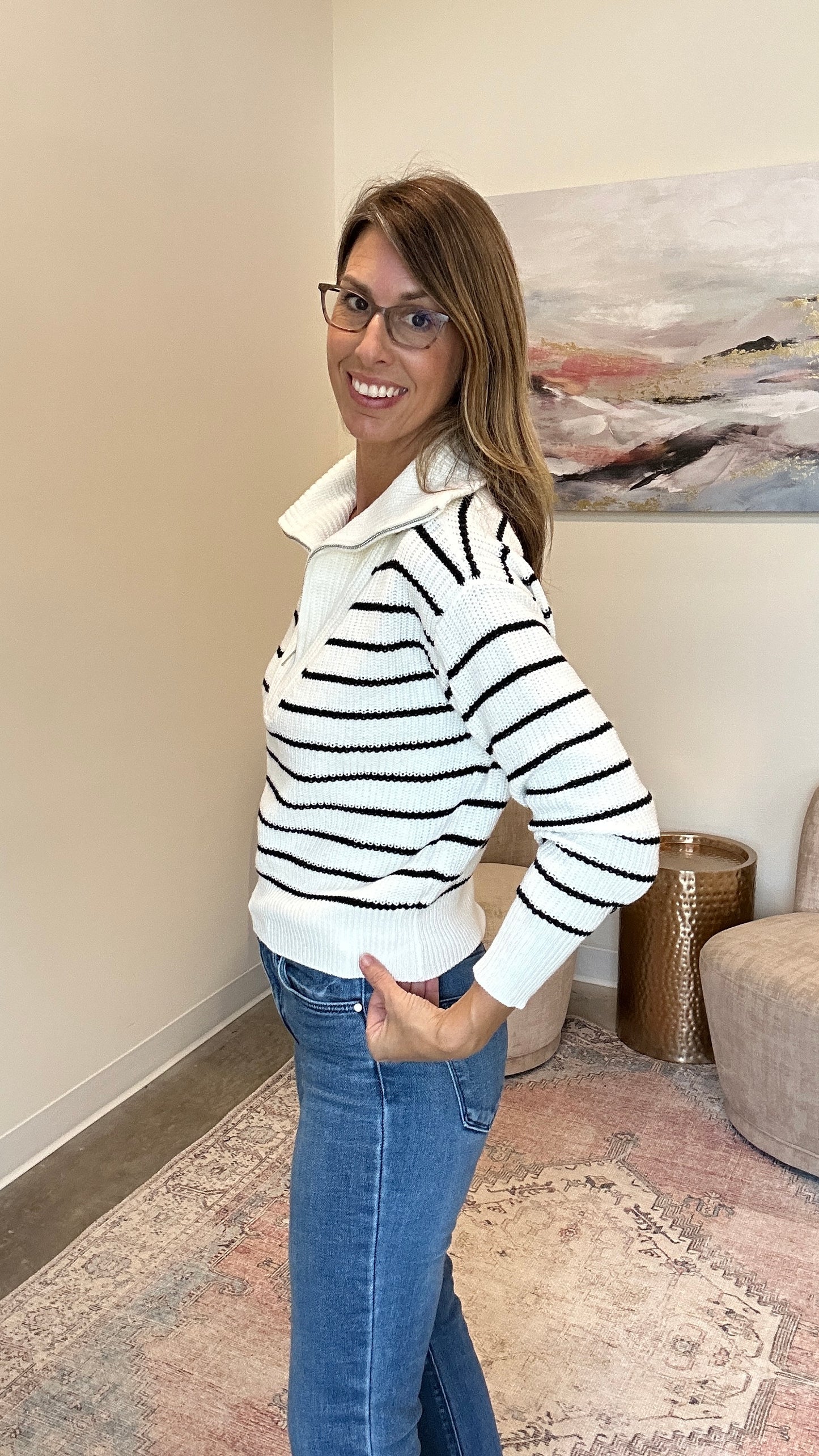 Spread Collar Half Zip Striped Sweater