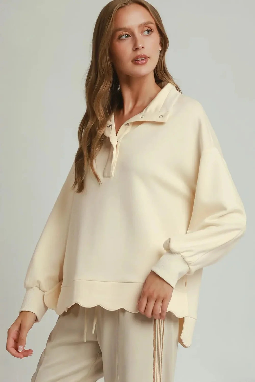 Scalloped Snap Front Pullover Sweatshirt