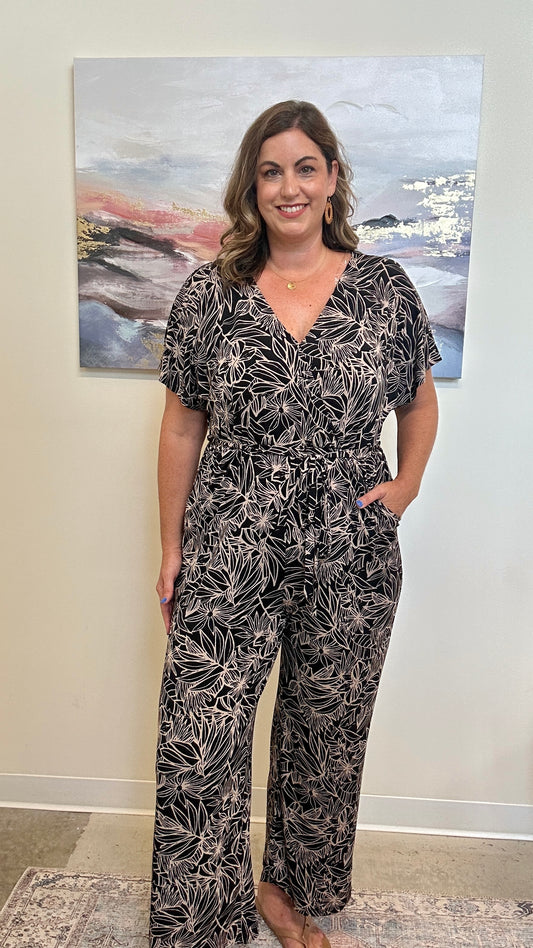 Short Sleeve Tie Waist Faux Wrap Jumpsuit