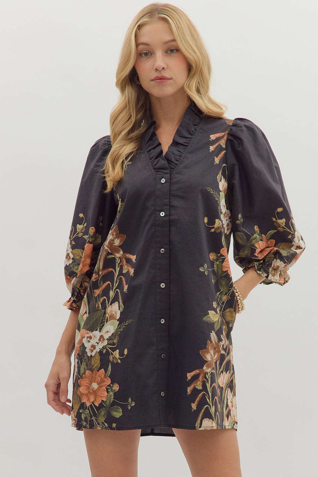 Floral Sides Puff Sleeve Shirt Dress