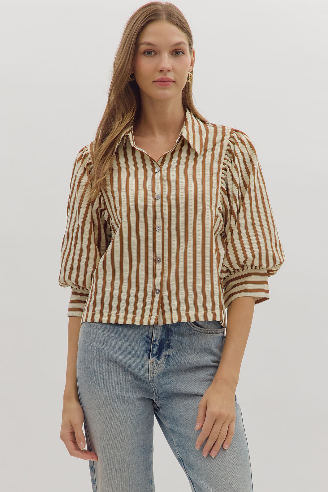Striped Crop Length Button Puff Sleeve Top