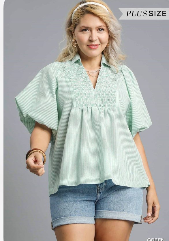 Pinstripe Green Puff Sleeve Top
