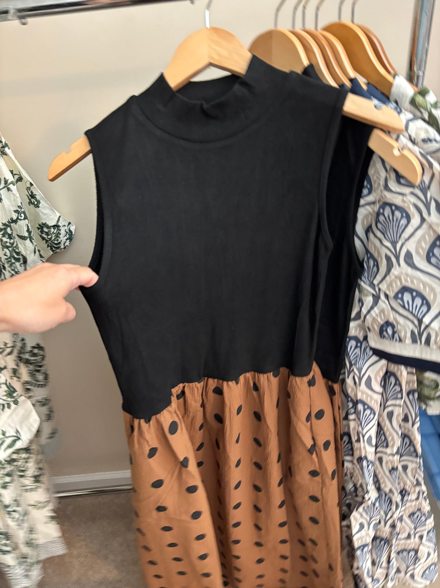 Rental- Sleeveless Mock Neck Polka Dot Skirt Dress