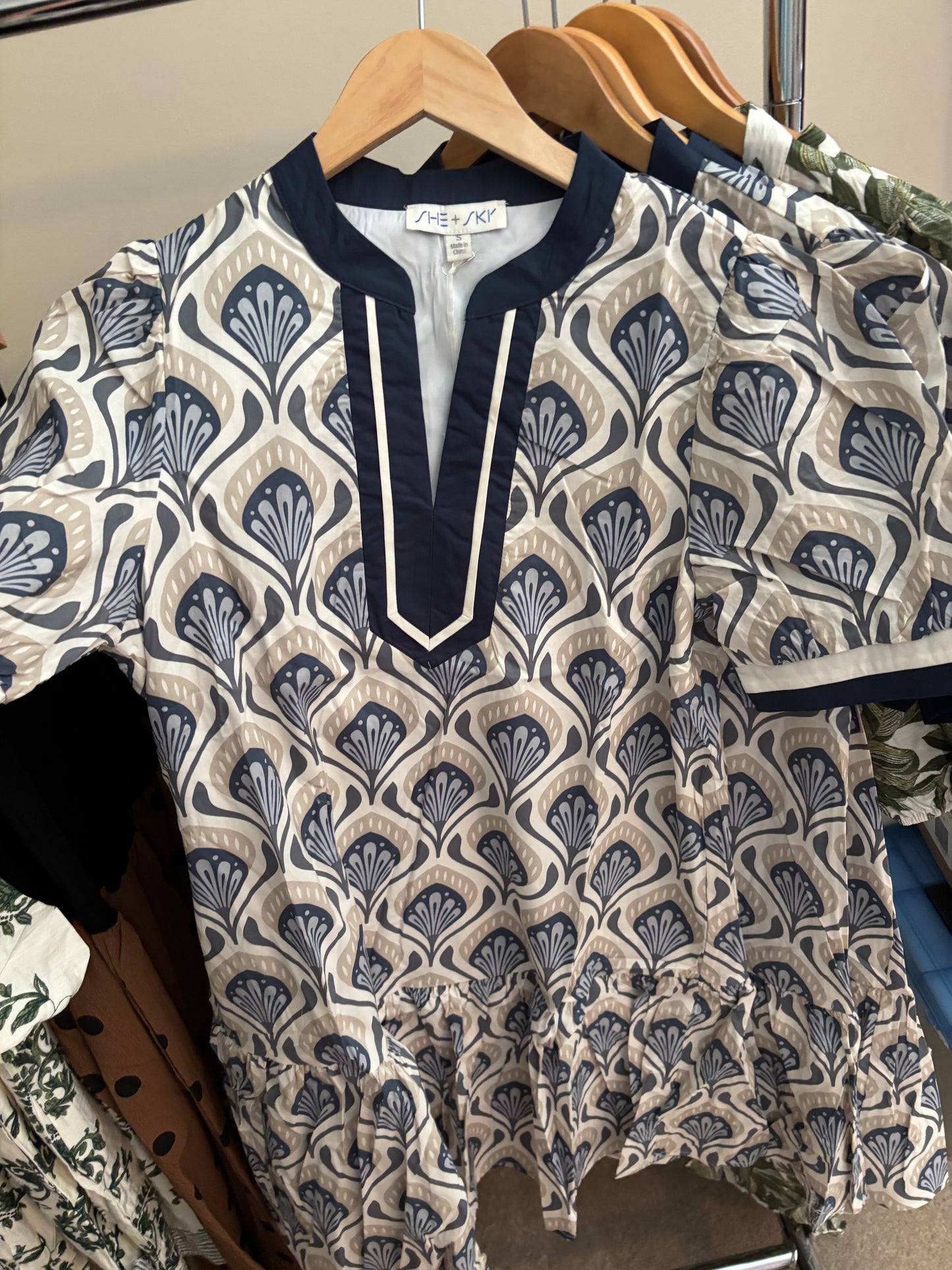 Rental- V-Neck Trim Front Printed Mini Dress