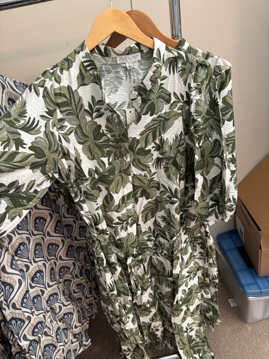 Rental- Woven Belted Midi Leaf Print Shirt Dress