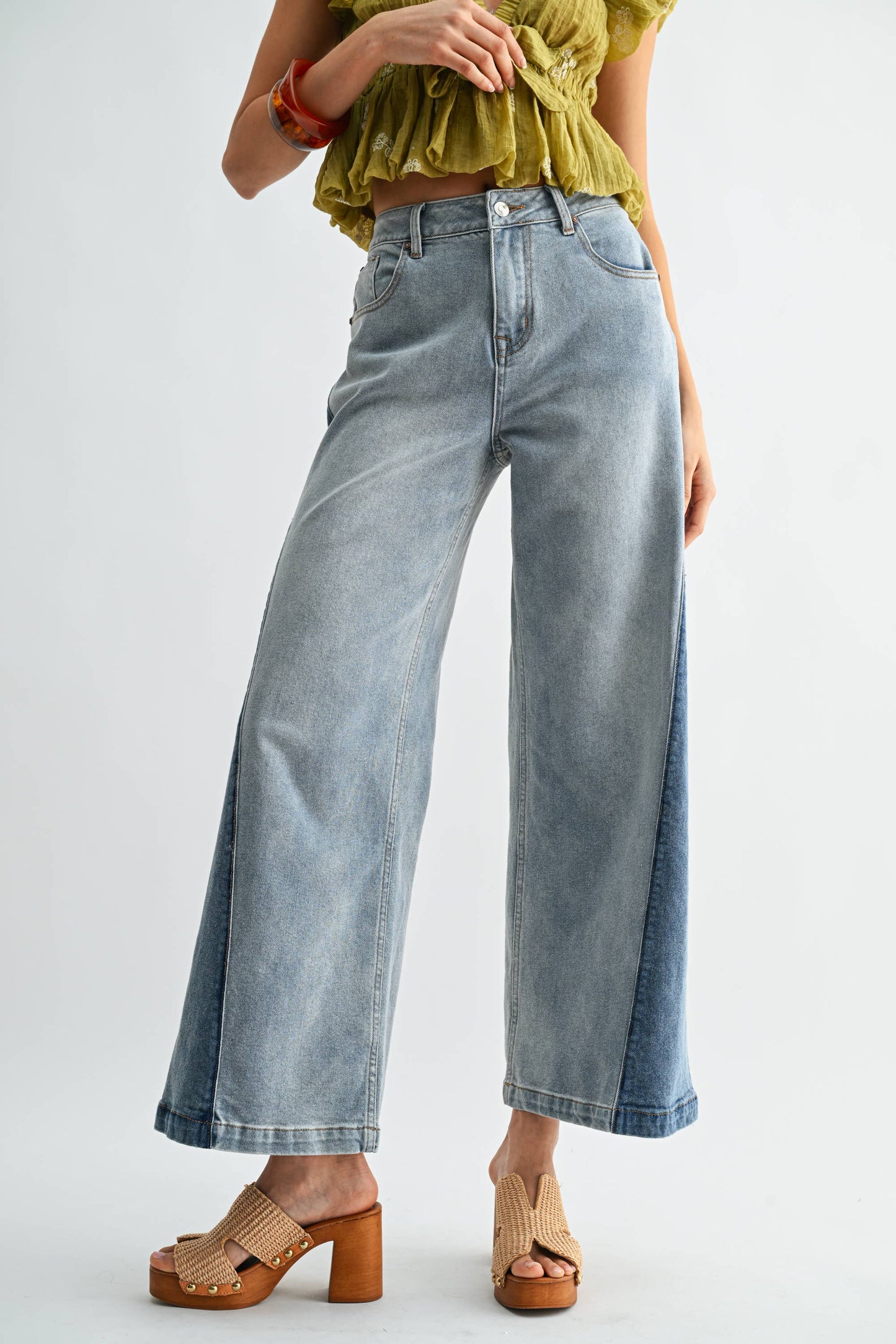 Wide Leg Two-Tone High Waist Denim Jeans