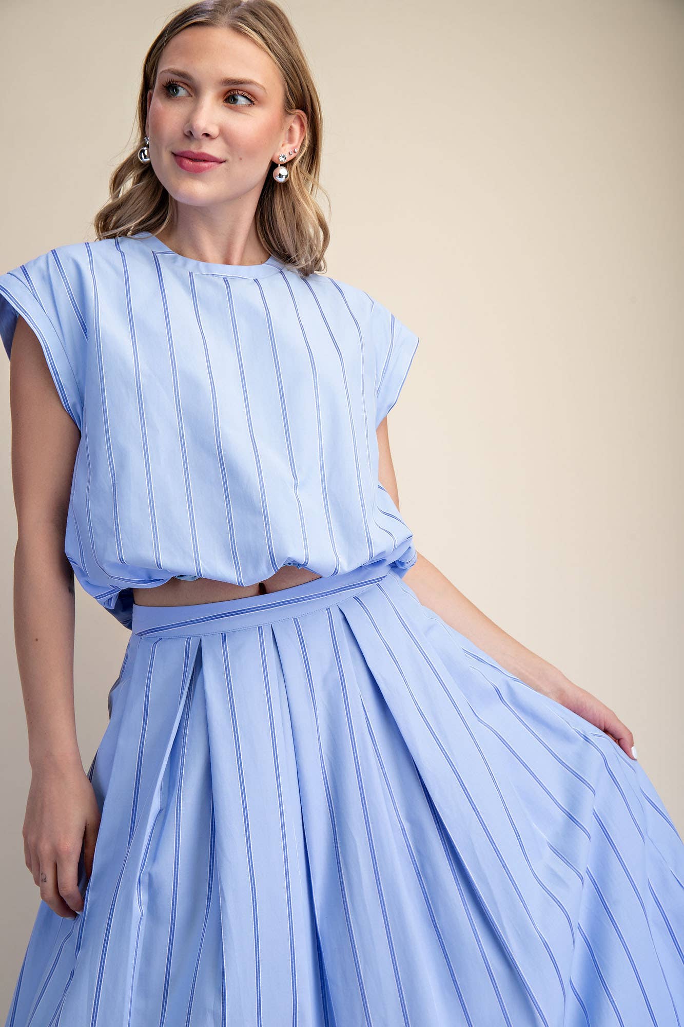 Pleated Flare Stripe Midi Skirt