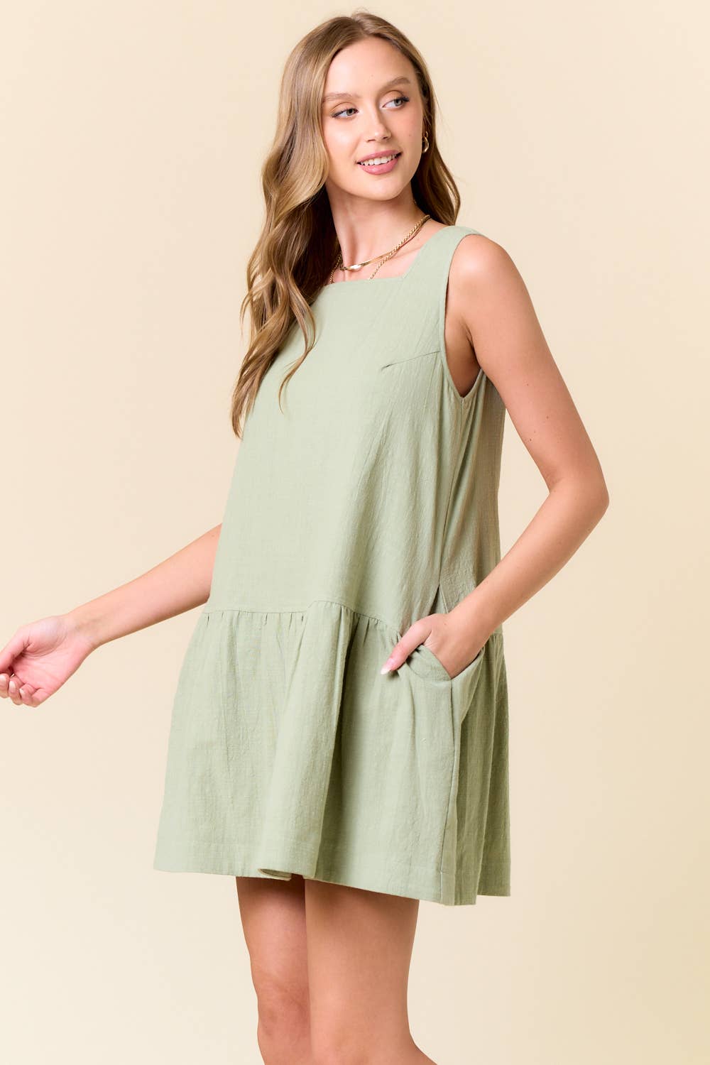 Square Neck Button Back Drop Waist Mini Dress