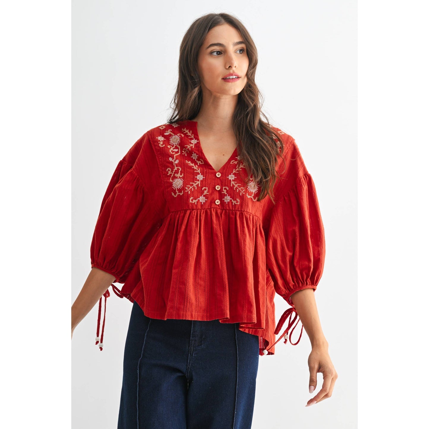 Embroidered V-Neck Boho Blouse Top